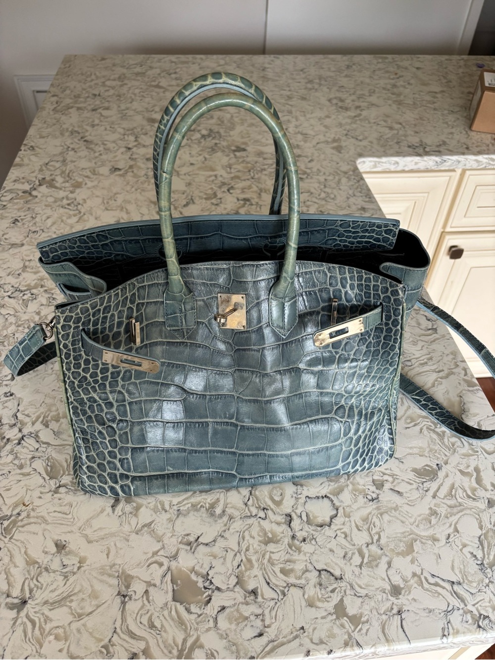 Birkin Designer-Style Croc Embossed Tote Bag in Teal Green